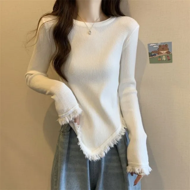 FallWinter Design forward Crew neck Tassel Asymmetrical Long sleeve Top White - Shop at LoveMi