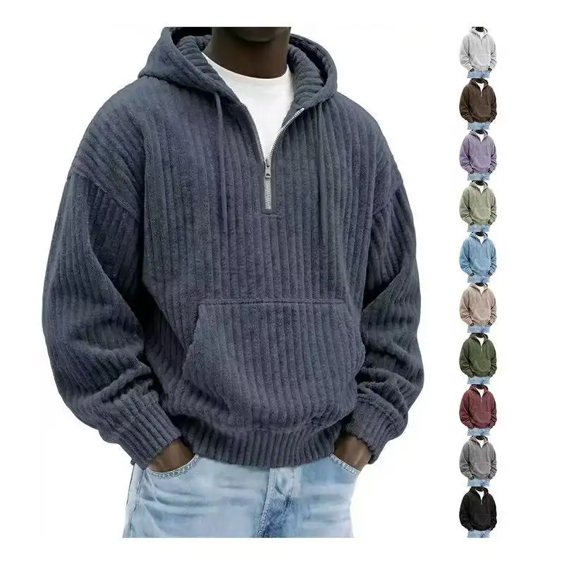 Solid-color Loose-fitting Corduroy Mens Hoodie
