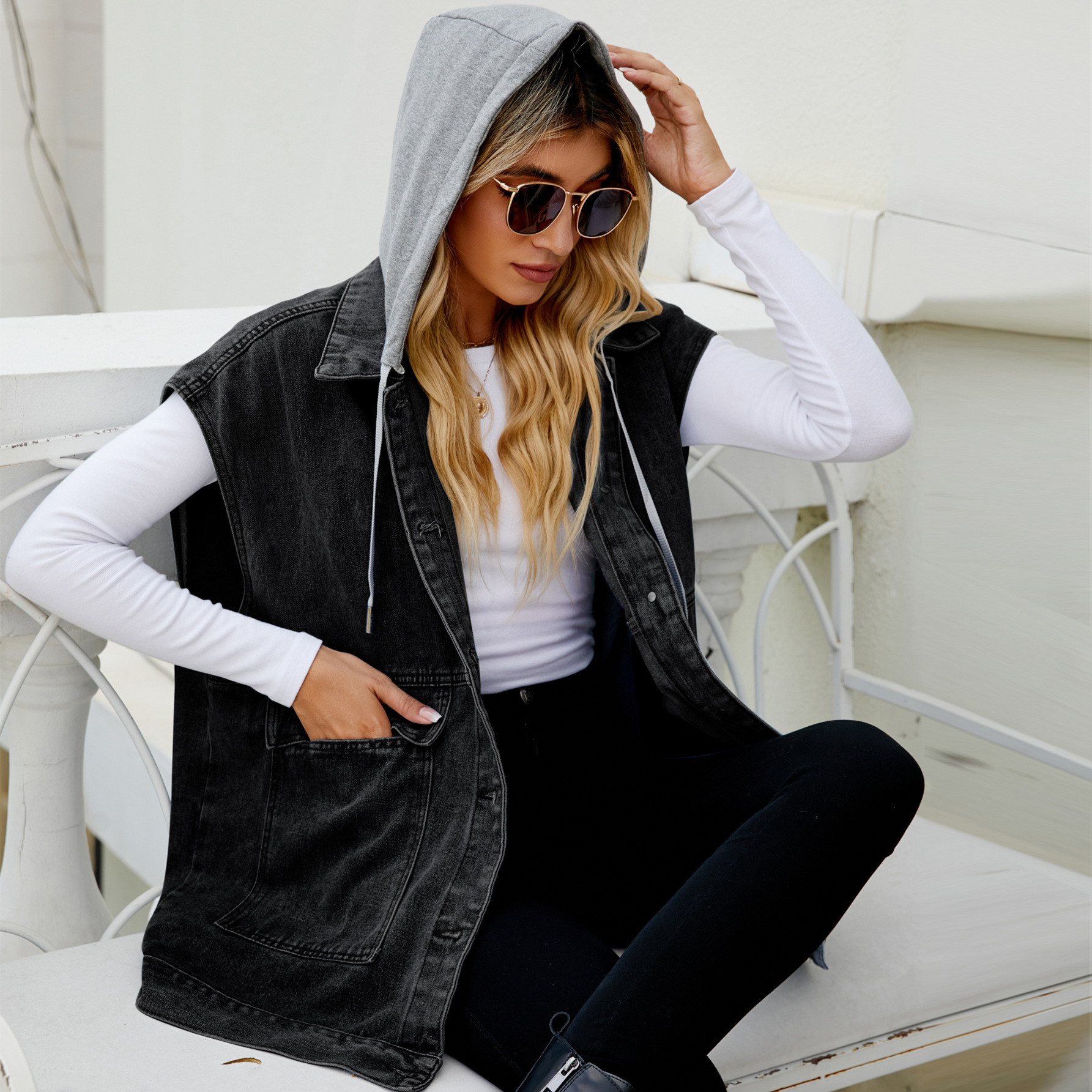 New Denim Waistcoat Vest Hooded Detachable Black - Shop at LoveMi