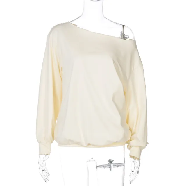 Women's Fashion Casual Loose fitting Cropped Long Sleeve Solid Color Top Light Yellow - Shop at LoveMi