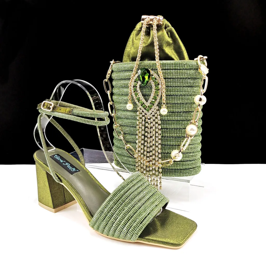 Square Toe Chunky Heel High Heels 8cm With Cylinder Handbag Shoes Bag Suit - Olive