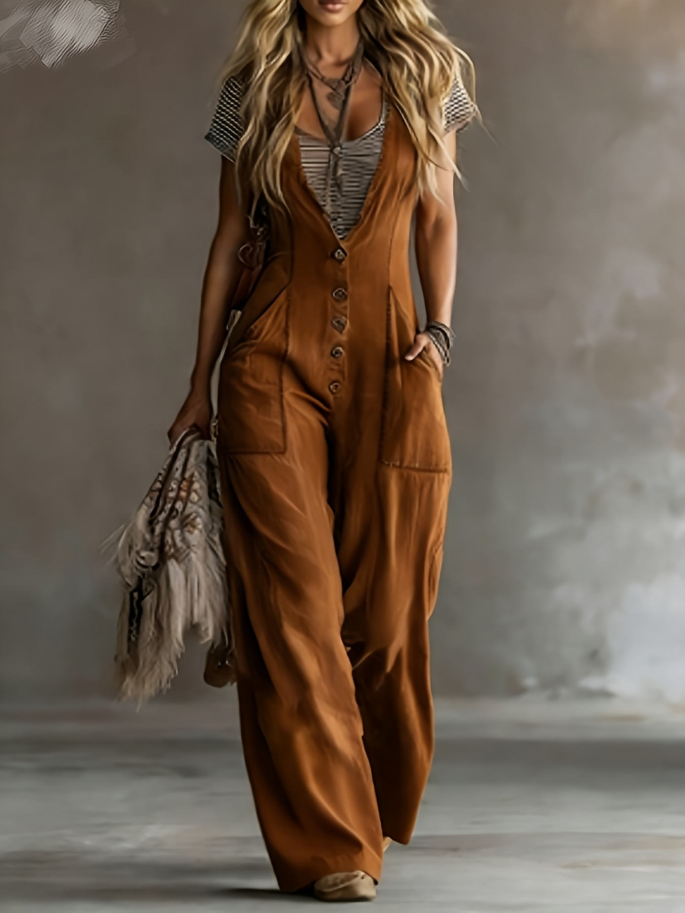 Wide-leg jumpsuit with two pockets, model wearing detail shot showing pocket and waist construction