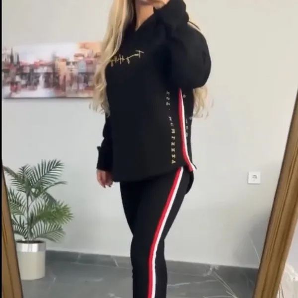 Women's Simple Printed Casual Hooded Top Leggings Suit Black - Shop at LoveMi