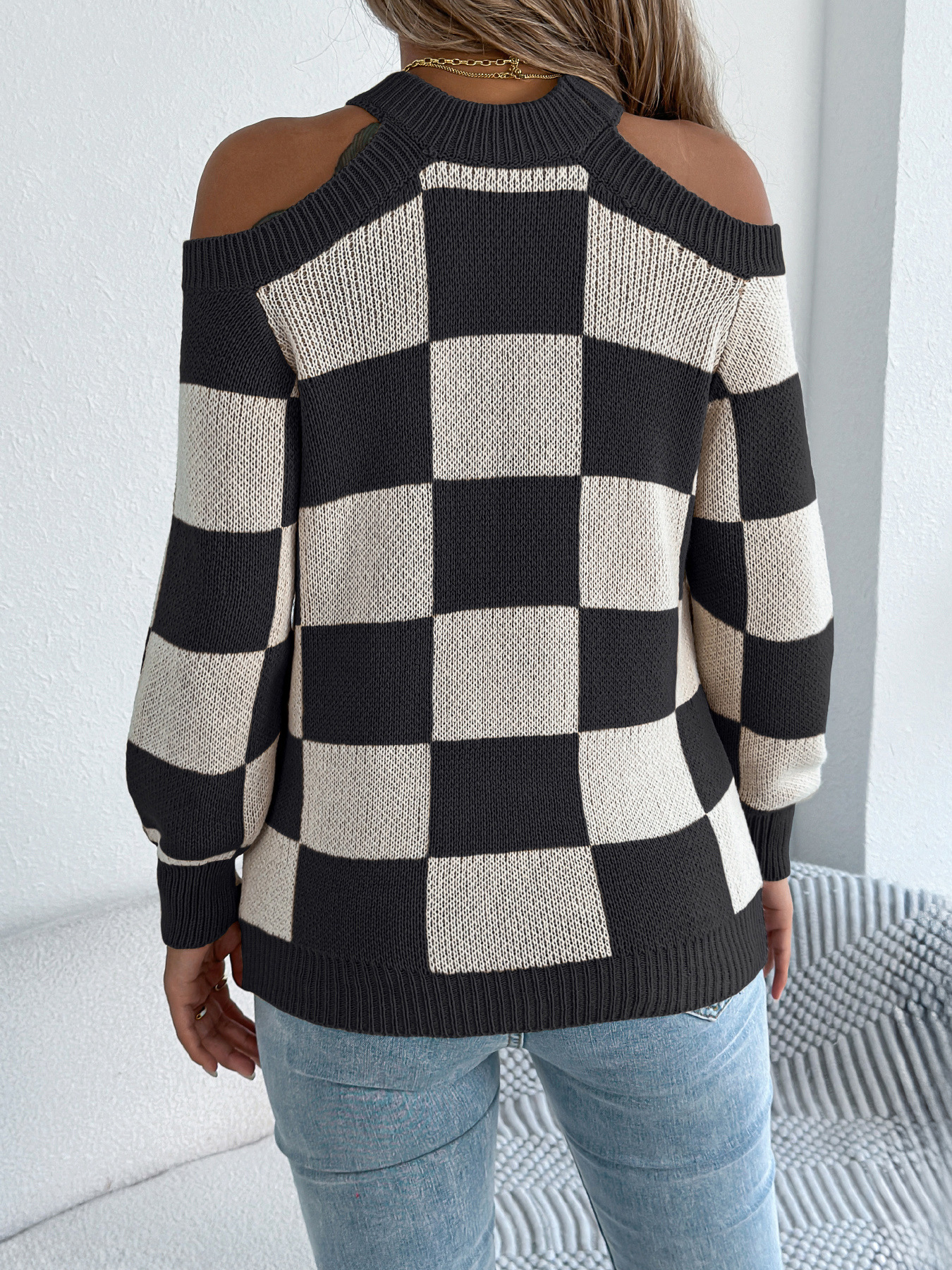 Off-the-shoulder Contrast Color Plaid Lantern Long Sleeve Sweater