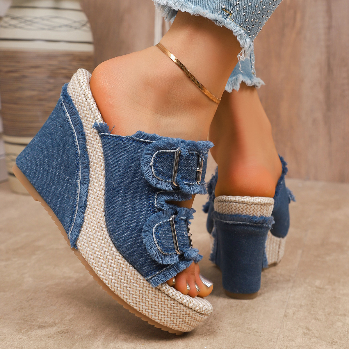 Denim Belt-Buckle Slip-On Sandals, picture 4 of 4