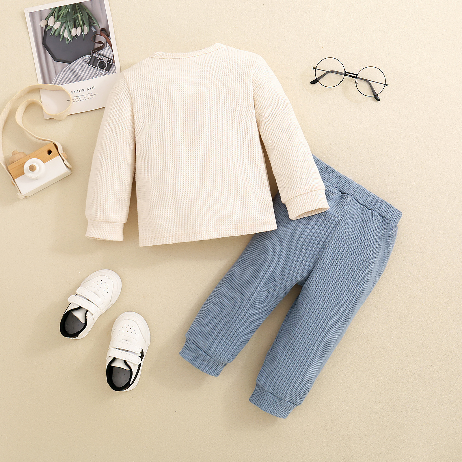 Baby Waffle Thickened Long Sleeve Trousers Suit