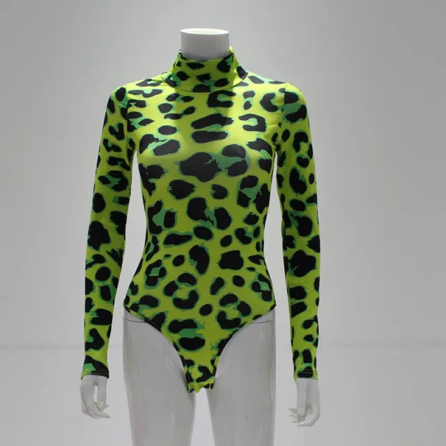 Women's New Yama Popular High Collar Long sleeved Green Leopard Print Slim Fit Jumpsuit Green - Shop at LoveMi