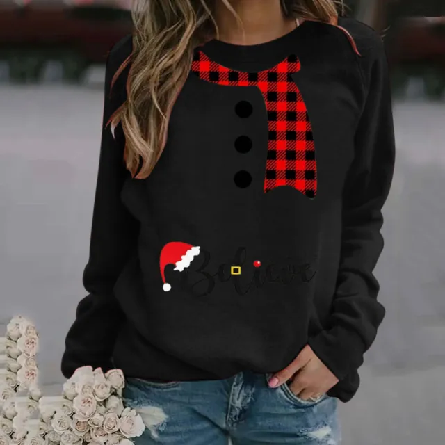 Christmas Pattern Printing Long Sleeve Crew Neck Sweater Women Black - Shop at LoveMi