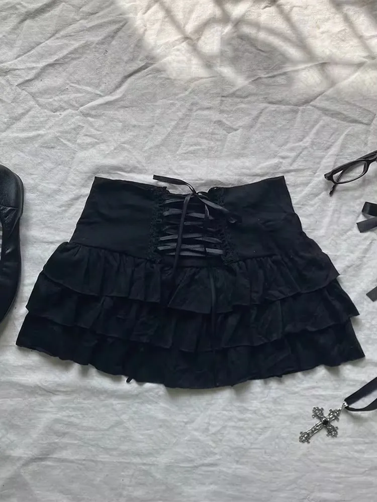 Cute Fashion Bow Waist Trimming Fashion Gothic Vintage Skirt - Black Skirt 1