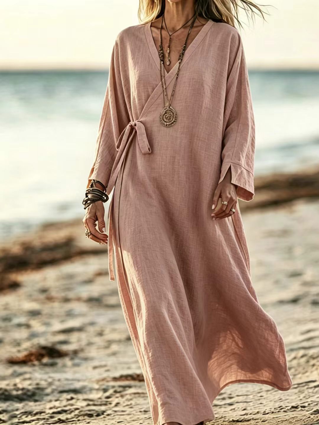V-neck Crossover Strap Long-sleeve Resort Dress F9012db8 D2f9 4d56 91a4 9fe737260769