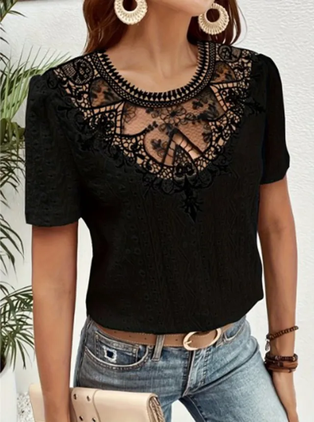 Lace Stitching Hollow Round Neck Solid Color Short Sleeve Black - Shop at LoveMi