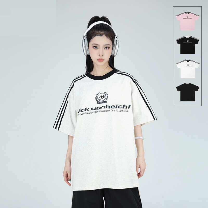 American Retro Ribbon Stitching Round Neck Short-sleeved T-shirt