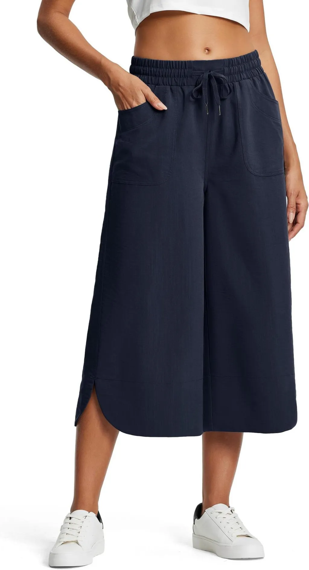 Summer Elastic Waist Solid Color Wide Leg Loose Casual Cropped Pants For Women - Blue