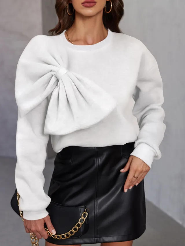 Loose Slimming Bow Long Sleeve Sweater White - Shop at LoveMi