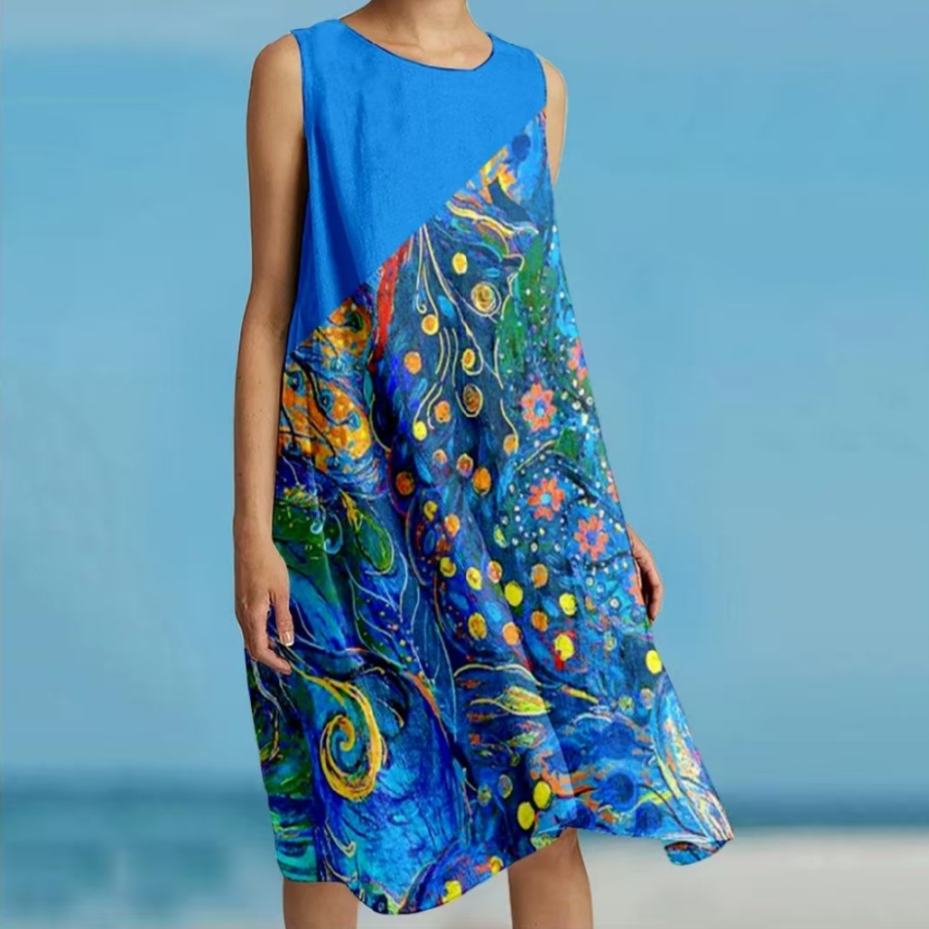 Printed Loose Vacation Casual Sleeveless Vest Skirt Blue Peacock Feather - Shop at LoveMi