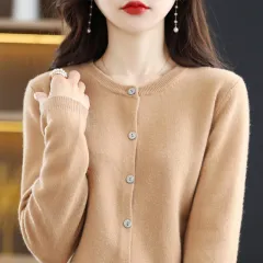 New Womens Short Long-sleeved Knitted Cardigan Sweater - Camel - View 1