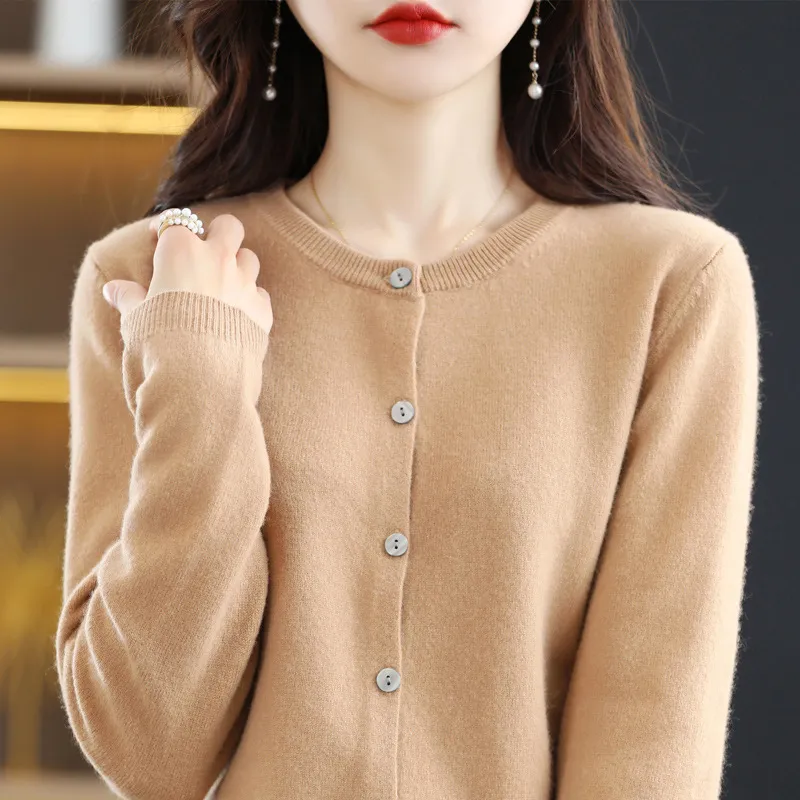 New Womens Short Long-sleeved Knitted Cardigan Sweater - Camel