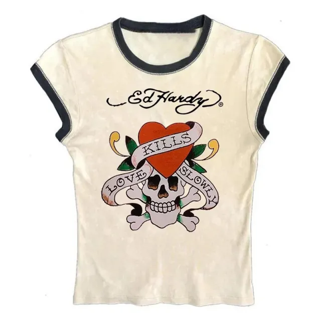 Short Print T shirt Women's Retro Europe And America Top Creamy White - Shop at LoveMi