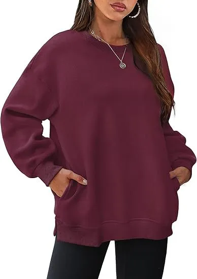 Women's Round Neck Pullover Oversized Loose Velvet Long Sleeve Sweatshirt Maroon - Shop at LoveMi