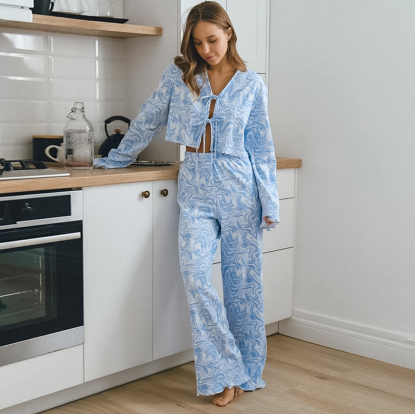 Womens Knitted Printed Loose Long-Sleeve Pajama Pants