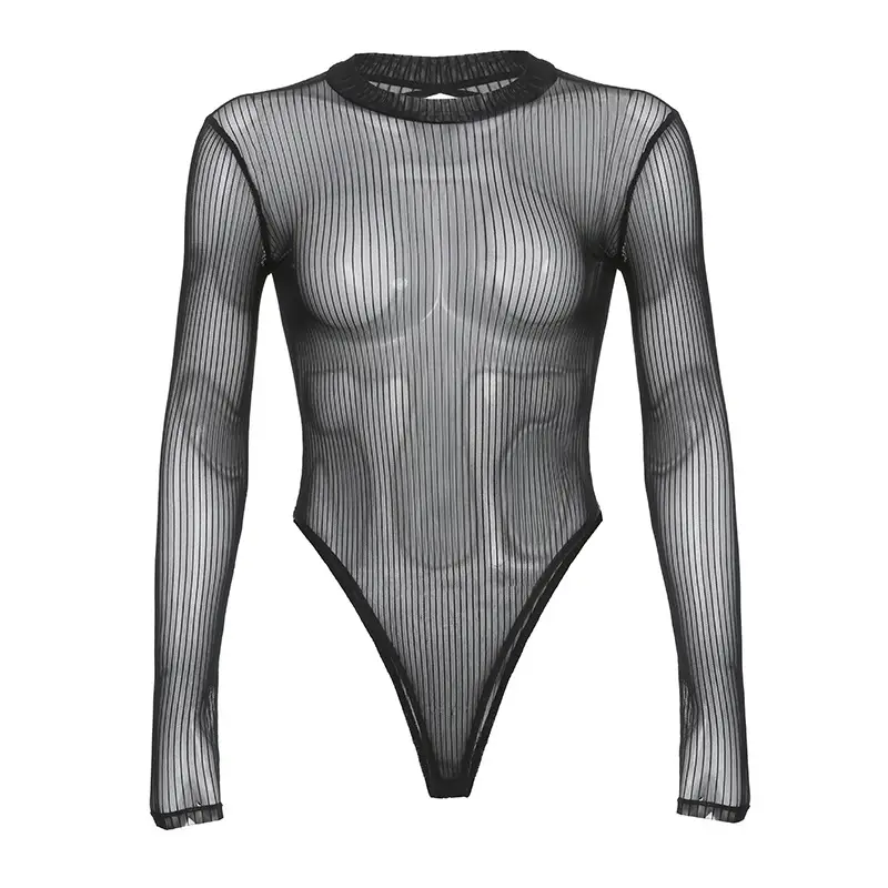 European And American Style Mesh See-through Sexy Sexy Top Women's Round Neck Long Sleeve Jumpsuit