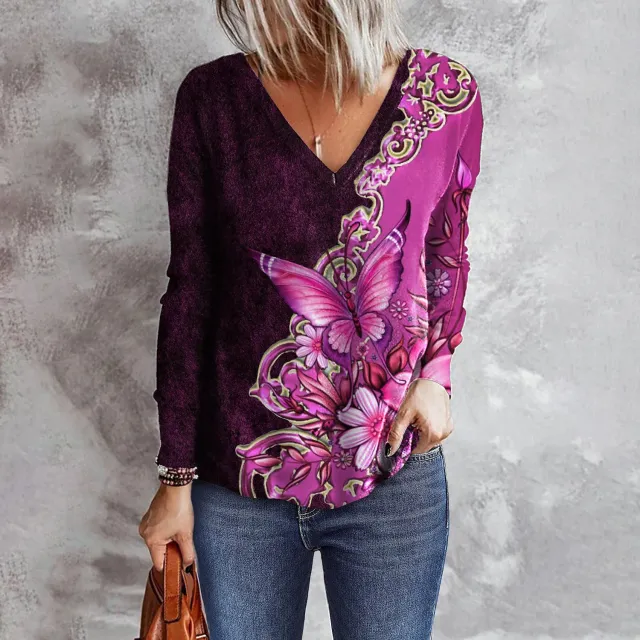 Women's Flower Butterfly Printed V neck Long Sleeve Loose T shirt Pink - Shop at LoveMi
