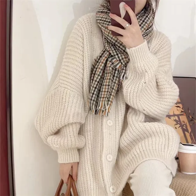 V neck Knitted Cardigan Women's Thick Needle Loose Sweater Apricot White - Shop at LoveMi