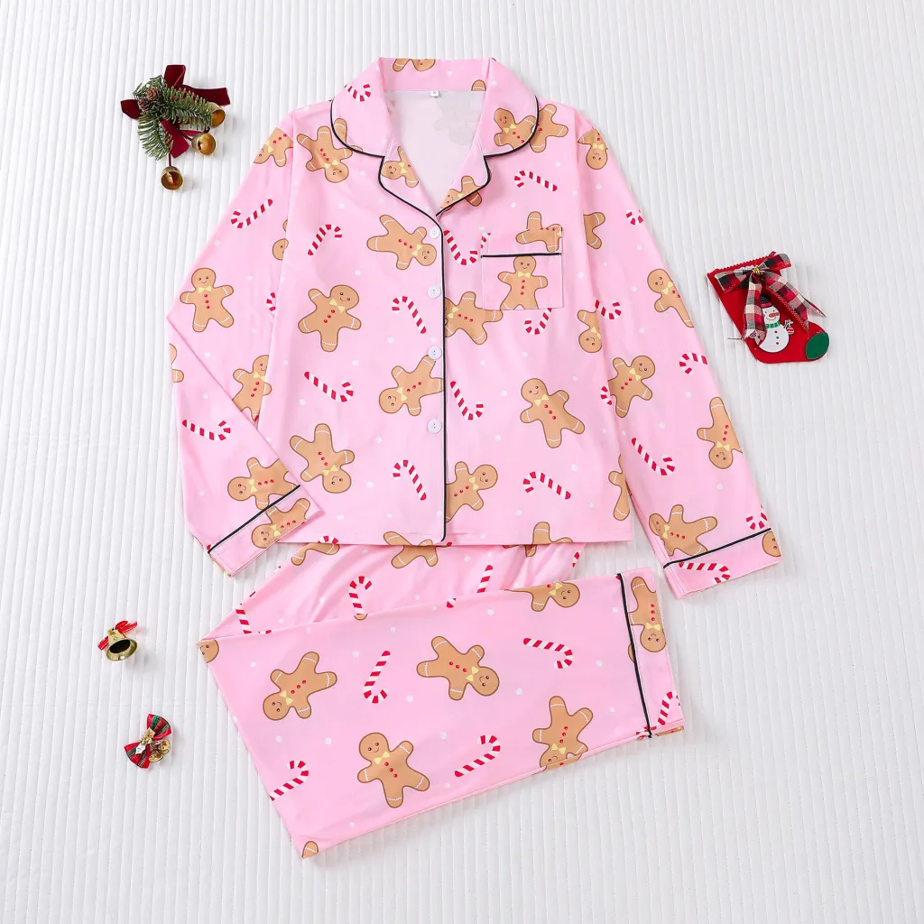 Women's Pajamas Four Seasons Christmas Printing Lapel Long Sleeve - 6 Style-L