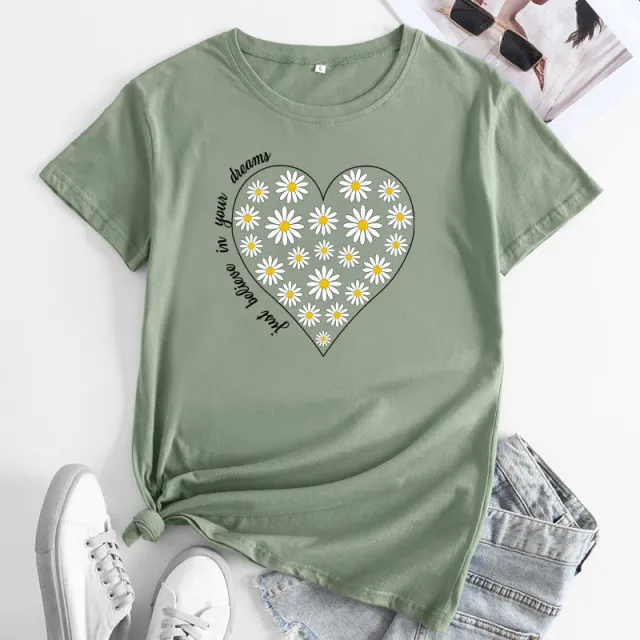 Women's Daisy Printed Cotton Round Neck Short Sleeve T shirt Bean Green - Shop at LoveMi