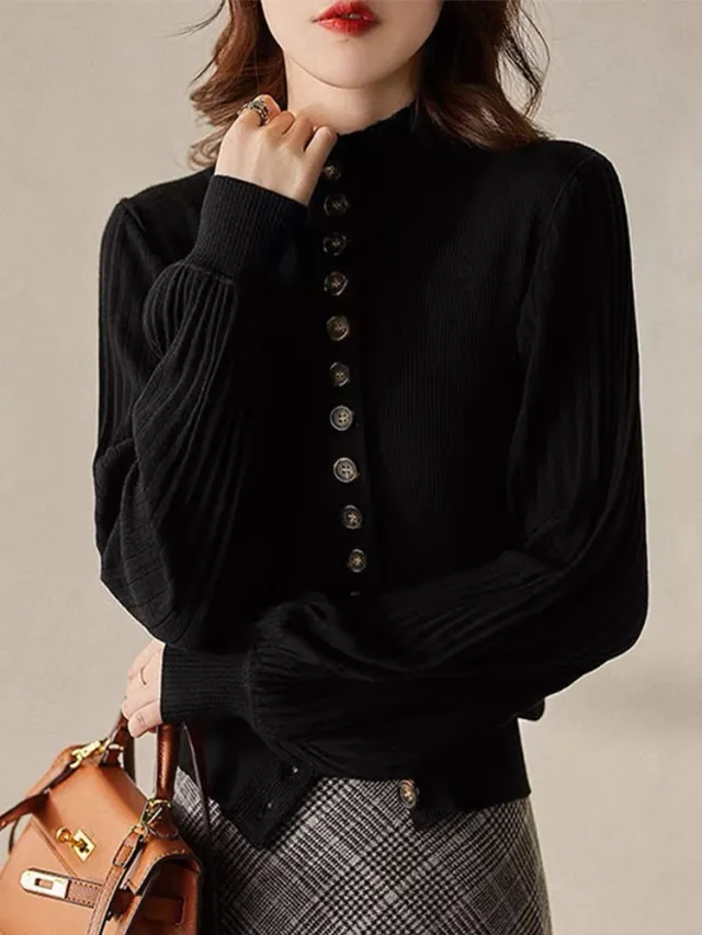Retro Elegance Patchwork Stand up Collar Knitted Cardigan Black - Shop at LoveMi