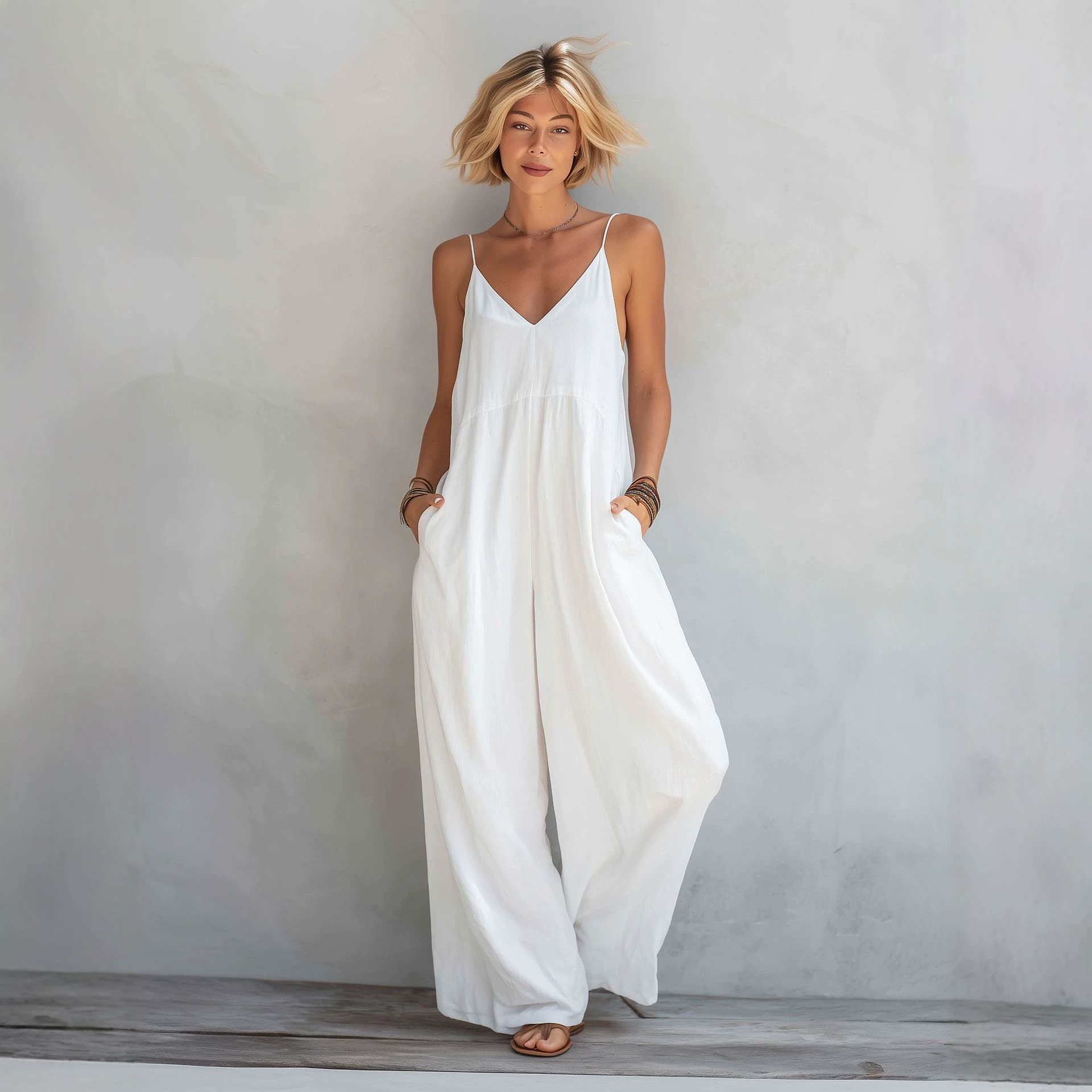 SpringSummer New Womens Solid-Color Cotton-Linen V-Neck Lace-Up Suspender Wide-Leg Jumpsuit