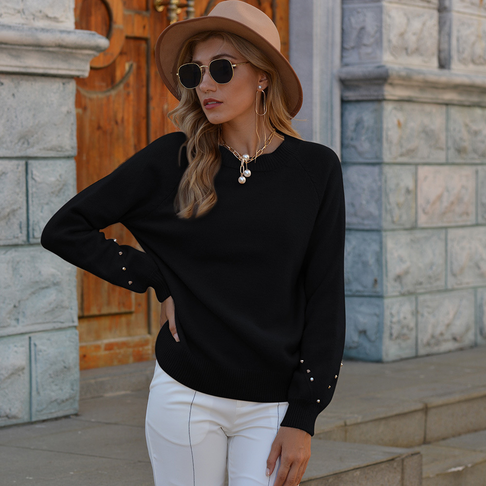 Round Neck Cuff Decorative Rivets Knitted Sweater