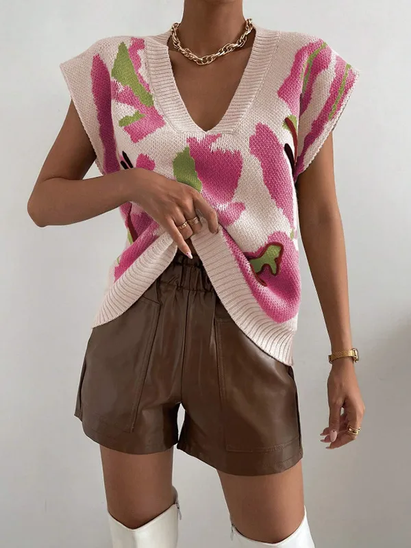 Knitted Vest V neck Thread Jacquard Vest Pink - Shop at LoveMi