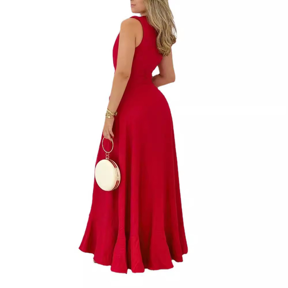 Women's High-waisted Red Stand Collar Printed Commuter Sleeveless Dress - Image 2