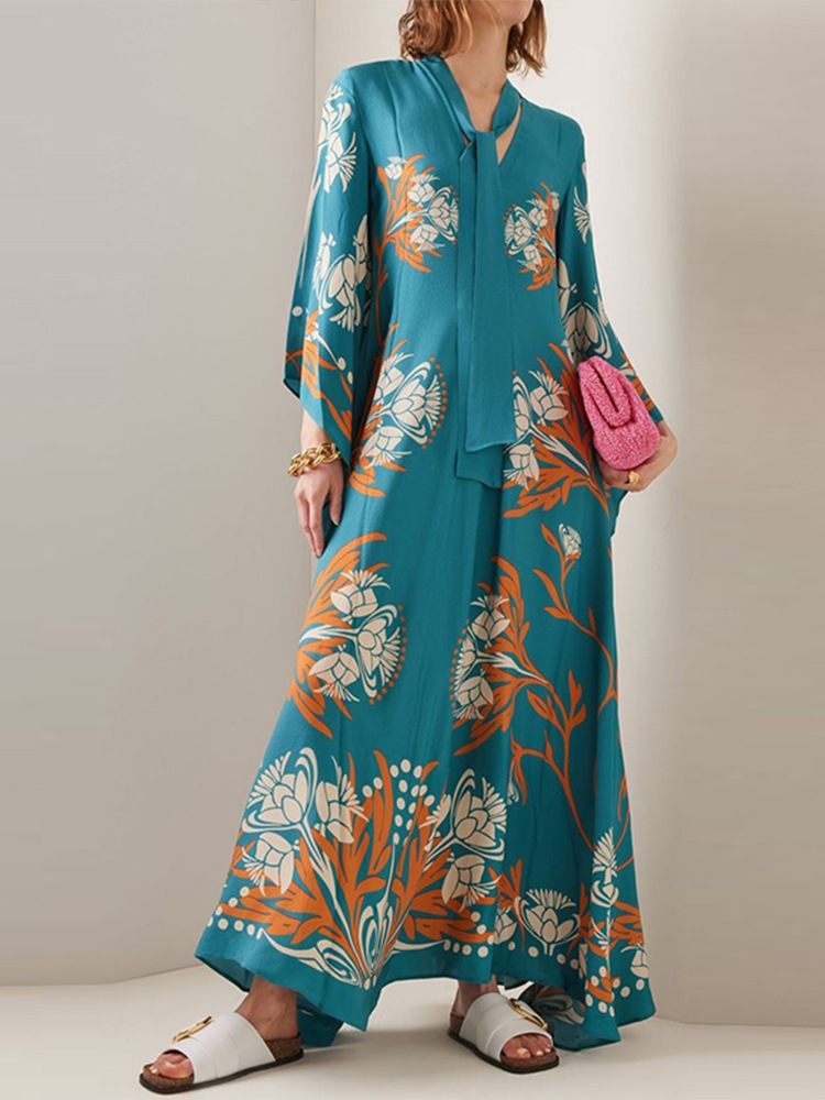 New Printed Large Swing Dress Stand-up Collar Tie