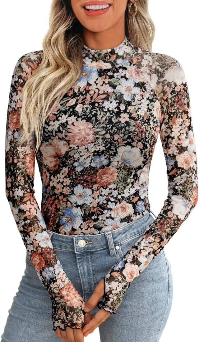 High Collar Long Sleeve Lace Floral Mesh Black - Shop at LoveMi