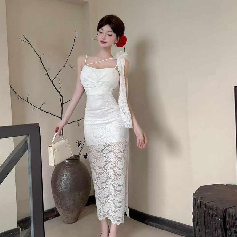 Women's Sexy Lace Long Sling Waist Hip Skirt Polyester Dress White - Shop at LoveMi