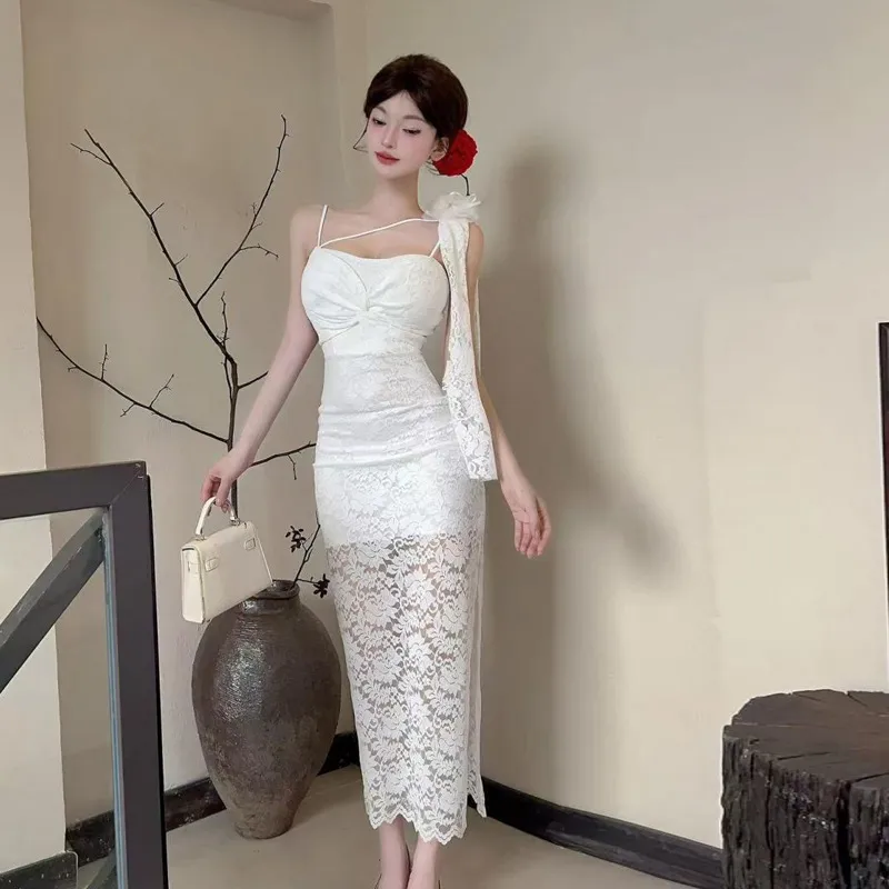 Women's Sexy Lace Long Sling Waist Hip Skirt Polyester Dress - White