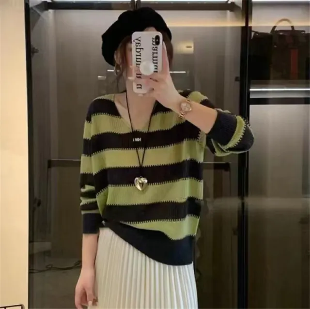 V neck Needle Autumn New Striped Color Matching Long Sleeve Sweater Inner Bottoming Shirt Women Light Green - Shop at LoveMi