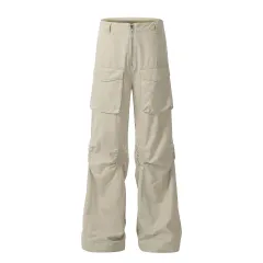 Retro Overalls American Fashion Brand Slim Fit Straight Cargo Pants - Apricot - View 1