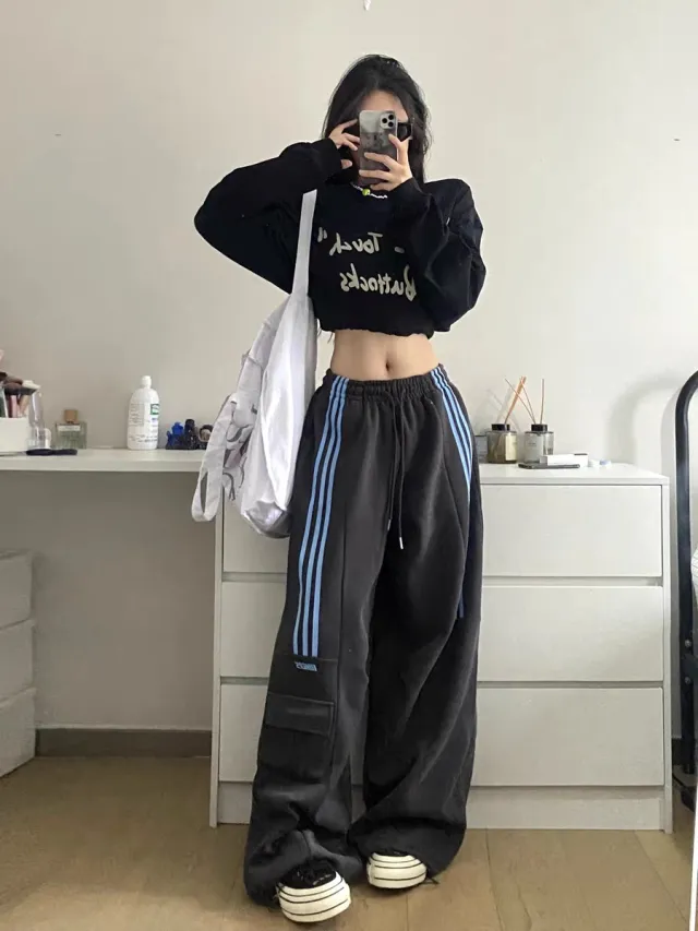 Retro Three Bars Casual Sports Pants Female Wide Leg Sweatpants Gray - Shop at LoveMi