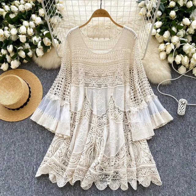 Retro Knitted Loose Hollow out Crocheted Design Stitching Temperament Short Midi Skirt Apricot - Shop at LoveMi