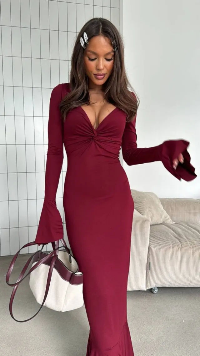 V neck Elegant Ins Ruffle Sleeve Long Sleeve Summer Dress Wine - Shop at LoveMi