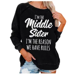 I'm The Middle Sister Printed Round Neck Sweater For Women - Black - View 1