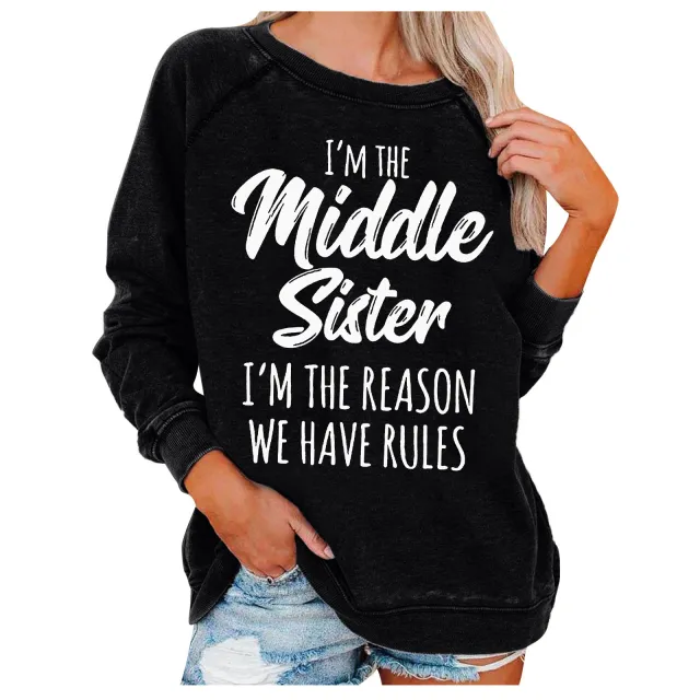 I'm The Middle Sister Printed Round Neck Sweater For Women Black - Shop at LoveMi