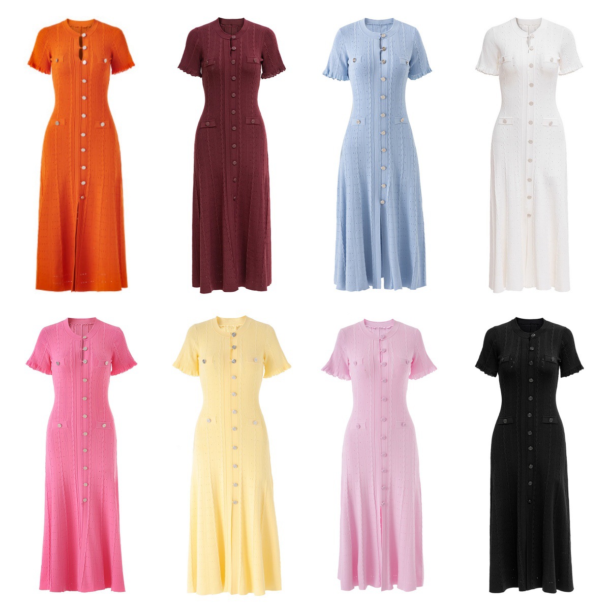 Womens Hollow-Out Ribbed Single-Breasted Knitted Dress