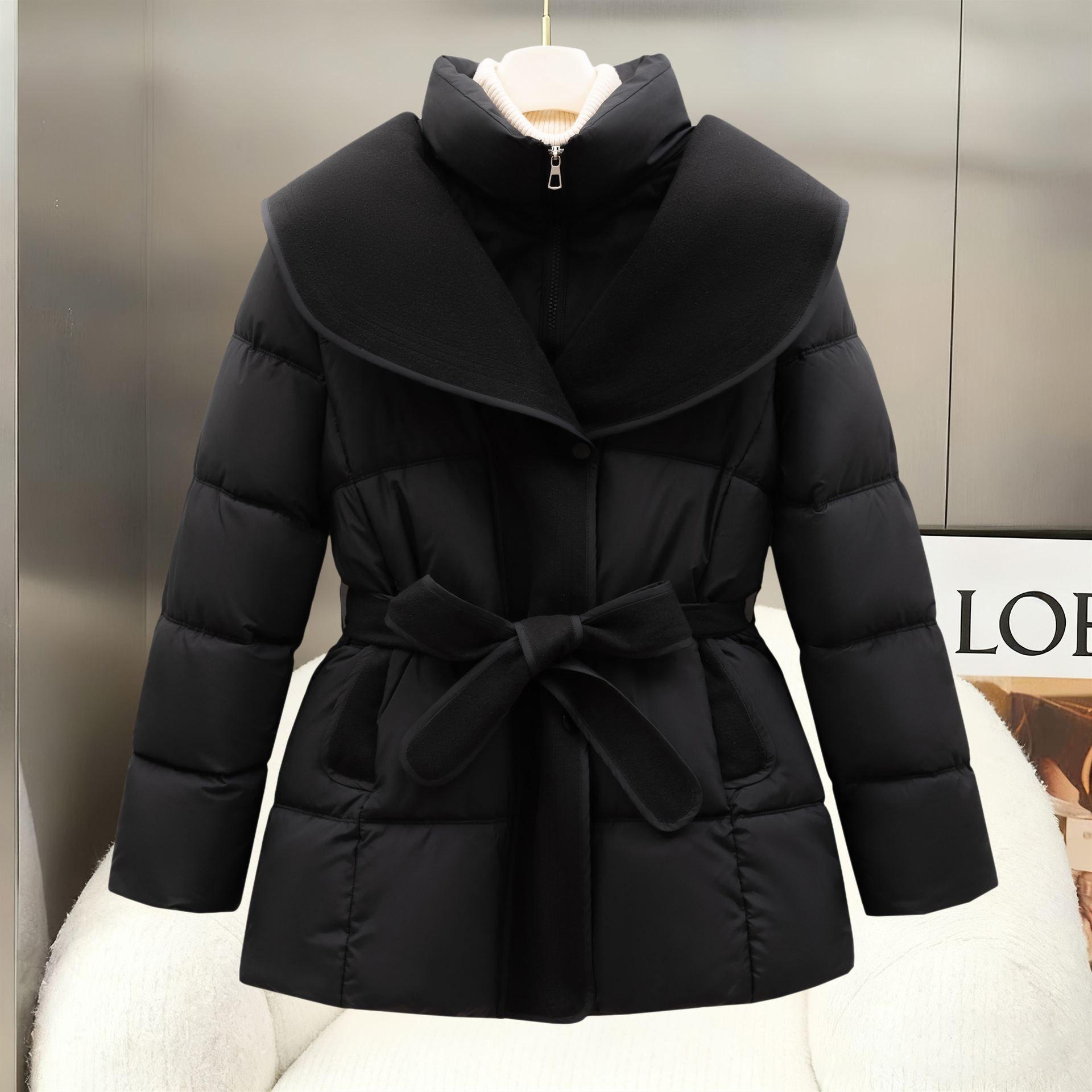 Women's Black Belted Puffer Coat With Quilted Sleeves And Statement Collar