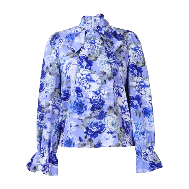 Temperament Slimming Printed Lace Up Shirt Blue - Shop at LoveMi