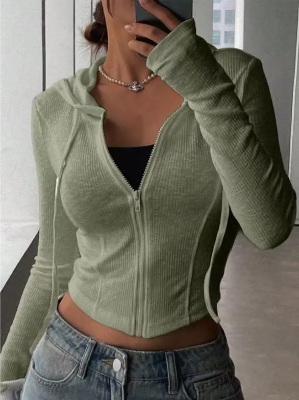 Top Slim Fit Sports Hoodie Short Zipper Hooded Sweatshirt - Army Green