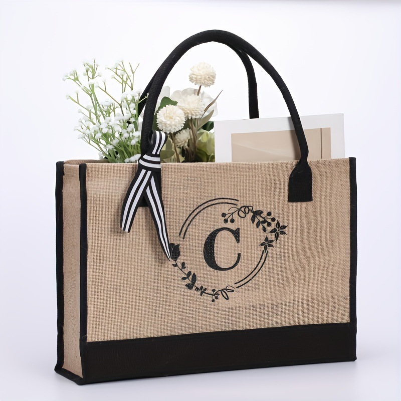 Large Capacity Portable Printing Initial Letter Jute Linen Shopping Bag Letter C - Shop at LoveMi